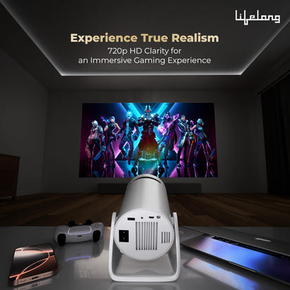 Lifelong Electronics Lightbeam Smart Projector | Android, 1080P& 4K Ultra Support, 3000 Lumens, 720p Native | for Room & Outdoors | All OTT Apps | WiFi/BT, Mirroring, USB, HDMI, 180°, Speakers