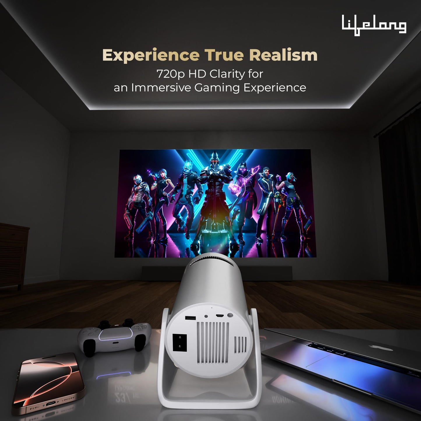Lifelong Electronics Lightbeam Smart Projector | Android, 1080P& 4K Ultra Support, 3000 Lumens, 720p Native | for Room & Outdoors | All OTT Apps | WiFi/BT, Mirroring, USB, HDMI, 180°, Speakers