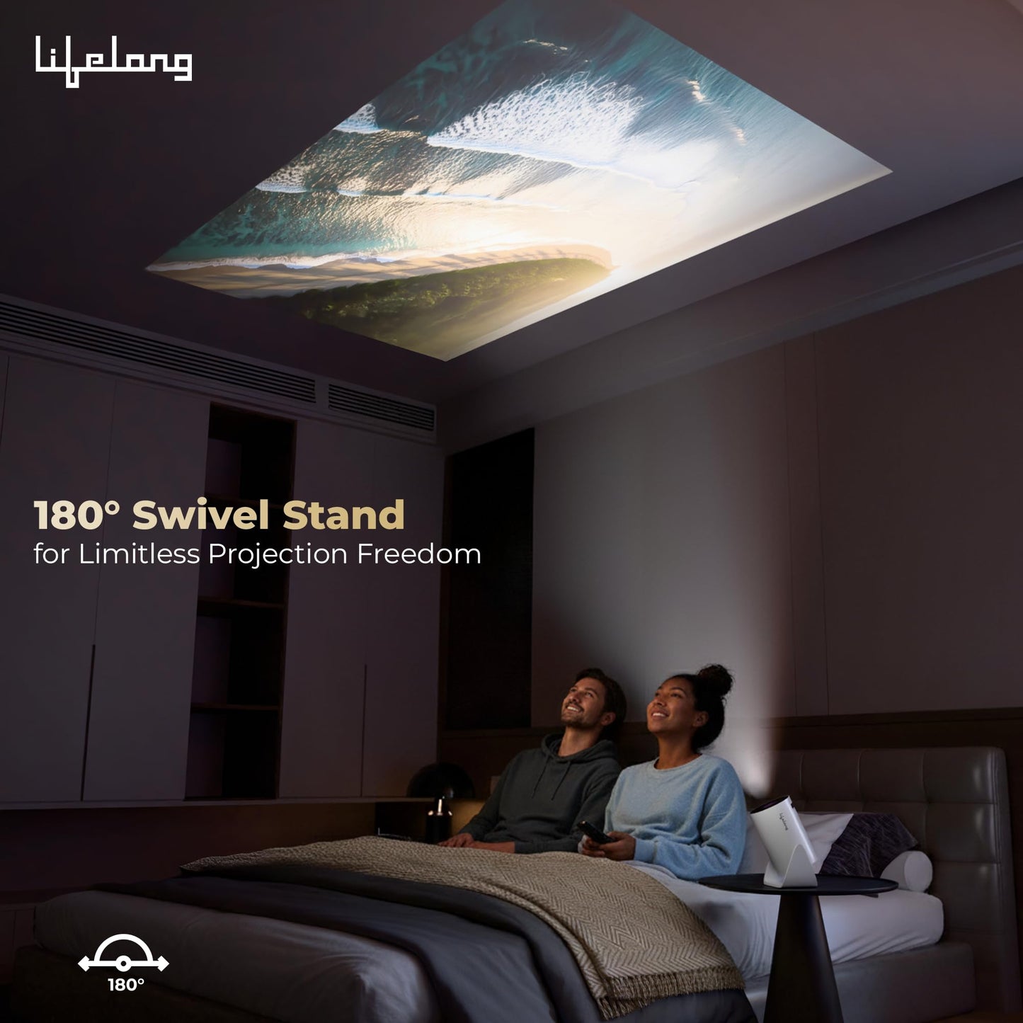 Lifelong Electronics Lightbeam Smart Projector | Android, 1080P& 4K Ultra Support, 3000 Lumens, 720p Native | for Room & Outdoors | All OTT Apps | WiFi/BT, Mirroring, USB, HDMI, 180°, Speakers